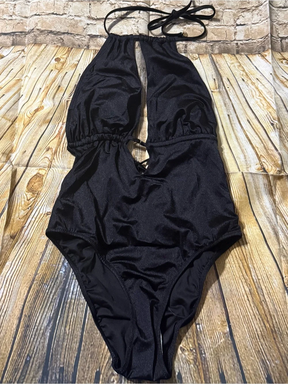 NEW Victorias Secret Medium Black Backless Halter One Piece Plunge Swimsuit
